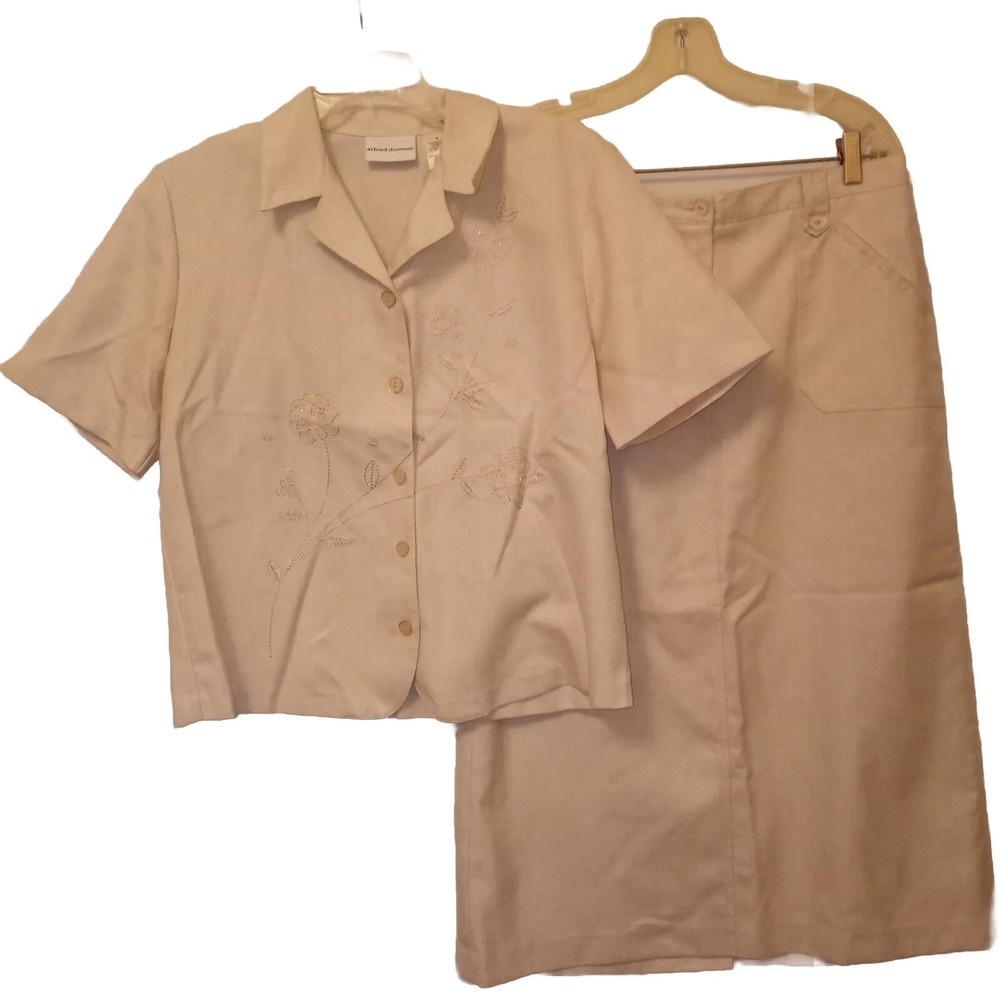 Alfred Dunner Size 8 Skirt Suit Cream Embroidery Beads Pockets Buttons Front Zip